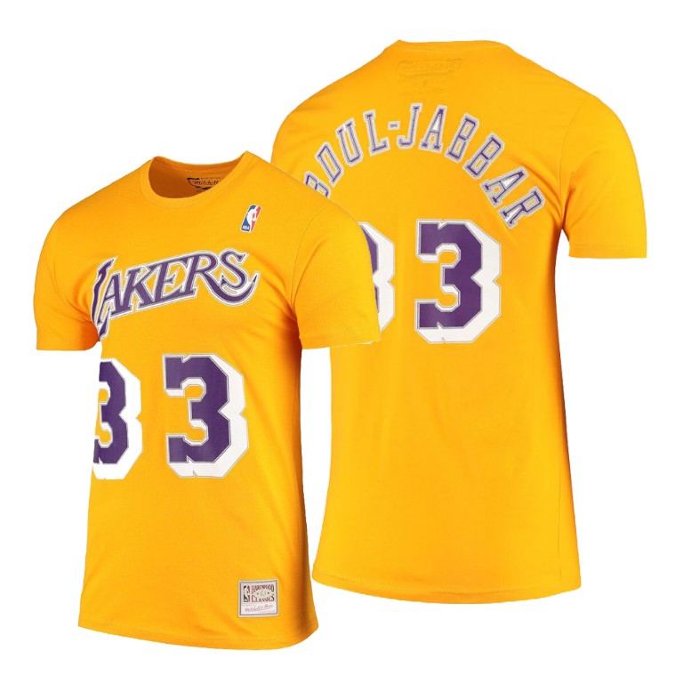 Men's Los Angeles Lakers Kareem Abdul-Jabbar #33 NBA Hardwood Classics Gold Basketball T-Shirt OUN8683TD